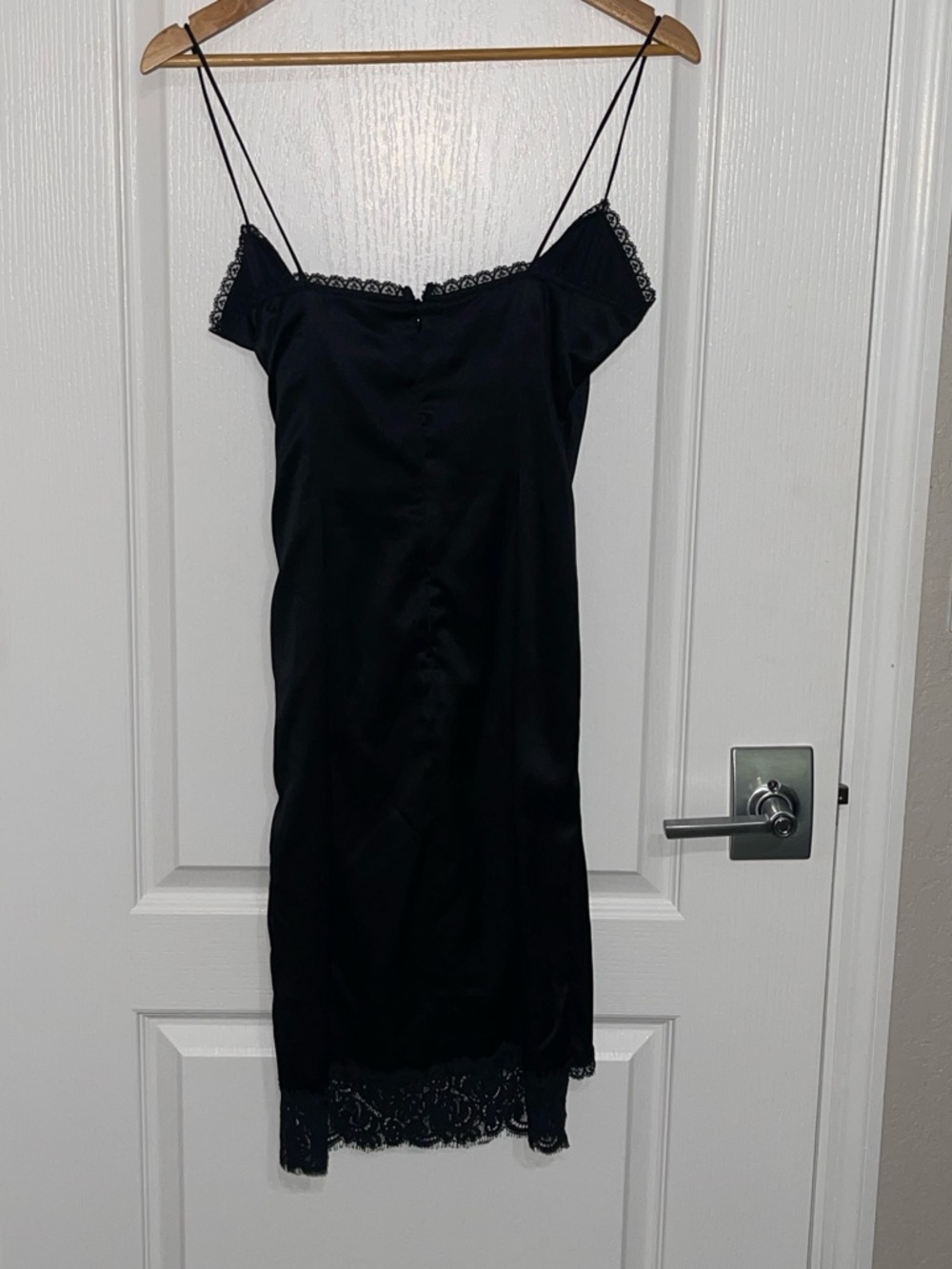 MIGUELINA Elegant Black Lace-Trim Slip Dress 100% Silk Cross Front Slip Sz XS - Picture 7 of 8